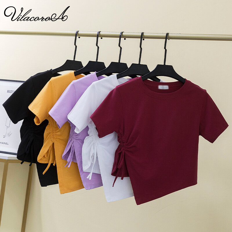 Vilacoroa Side Drawstring Lace-Up T-Shirt Tops Crew Neck Short Sleeve Casual Tees Irregular Crop Top Slim Cotton Tshirt Women