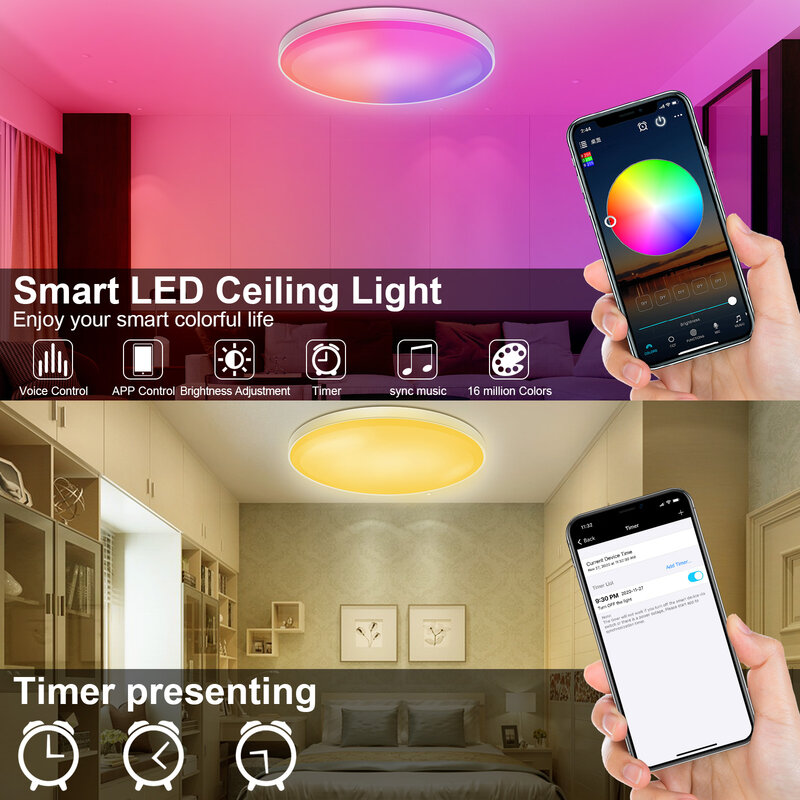 Plafonnier LED intelligent à commande vocale via wi-fi et Bluetooth, luminaire décoratif de plafond, idéal pour un salon, compatible avec Alexa et Google Home, 30/48W