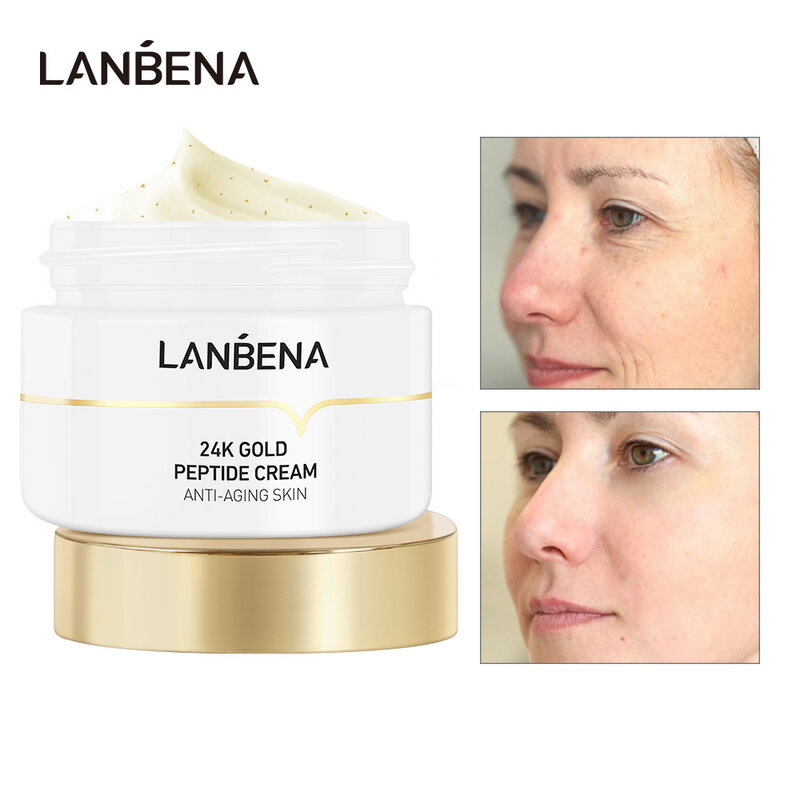 ​LANBENA 24K Gold Peptide Anti Aging Set Essence Firming Face Cream Toner Cleanser Remove Dark Circles Eye Cream Serum Kit 5PCS