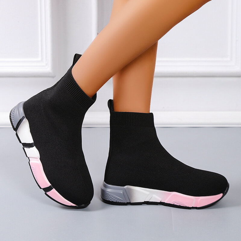 حذاء نسائي عالي الرقبة بعلامة تجارية للجنسين موديل 2022 يسمح بالتهوية حذاء مسطح أنيق حذاء نسائي غير رسمي من القماش المطاطي سهل الارتداء