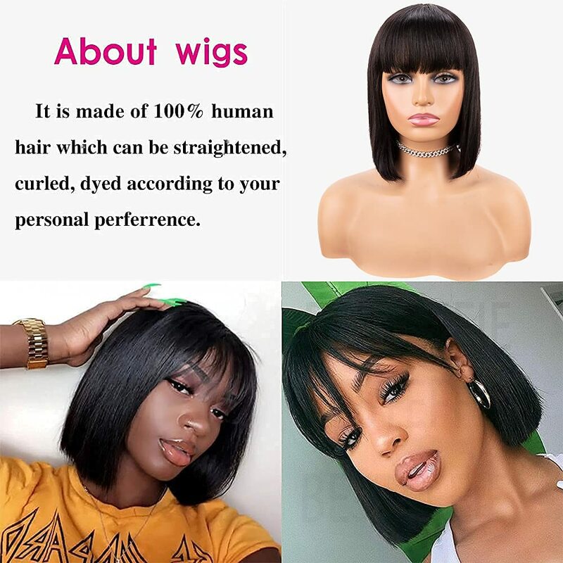Ilight Short Bob Human Hair Wigs with Bangs Brazilian Straight Remy Hair Machine Made Bob Wig for Black Women Natural color