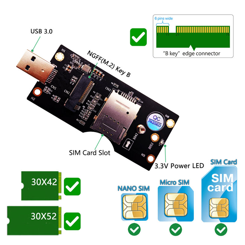 NGFF M.2 Key B To USB 3.0อะแดปเตอร์ขยายการ์ด SIM 8pin สล็อตสำหรับ WWAN/LTE 3G/4G/5G โมดูล3042/3052 M.2 SSD