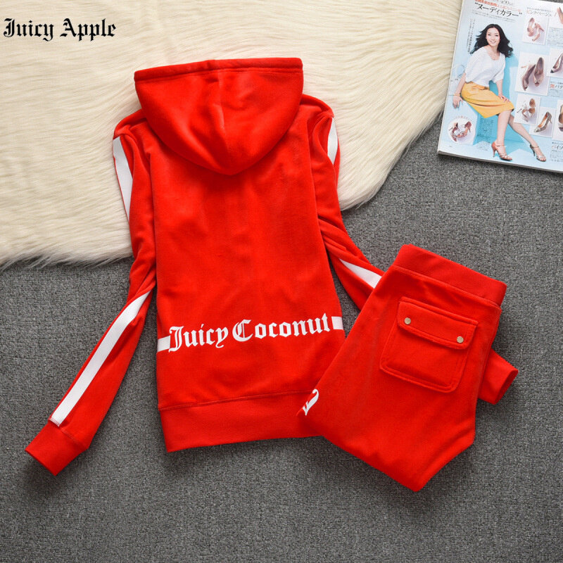 Juicy Apple Tracksuit Wanita 2023 Setelan Santai Fashion Lengan Panjang Ritsleting Bertudung dan Celana Olahraga 2 Potong Set Pakaian Wanita