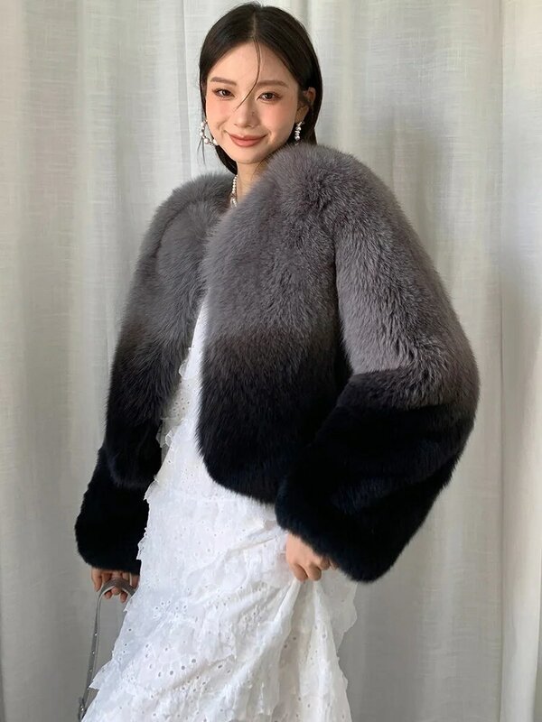 حقيقي جلد الغنم الحقيقي معطف المرأة قصيرة موضة التدرج اللون الفاخرة الطبيعية الثعلب الفراء منفوش الدافئة الشتاء جاكيتات