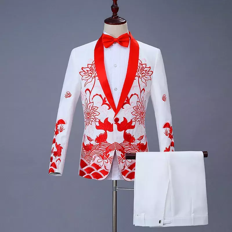 Abito da uomo vestito da festa abiti in stile cinese costumi da sposo monopetto Set di due pezzi cappotto pantalone blu rosso nero bianco abiti da uomo
