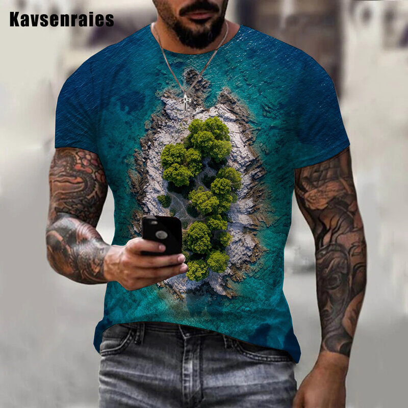 Camiseta de manga corta con estampado de isla para hombre y mujer, camisa informal de verano con estampado de palmera, ropa de calle de gran tamaño, 2022