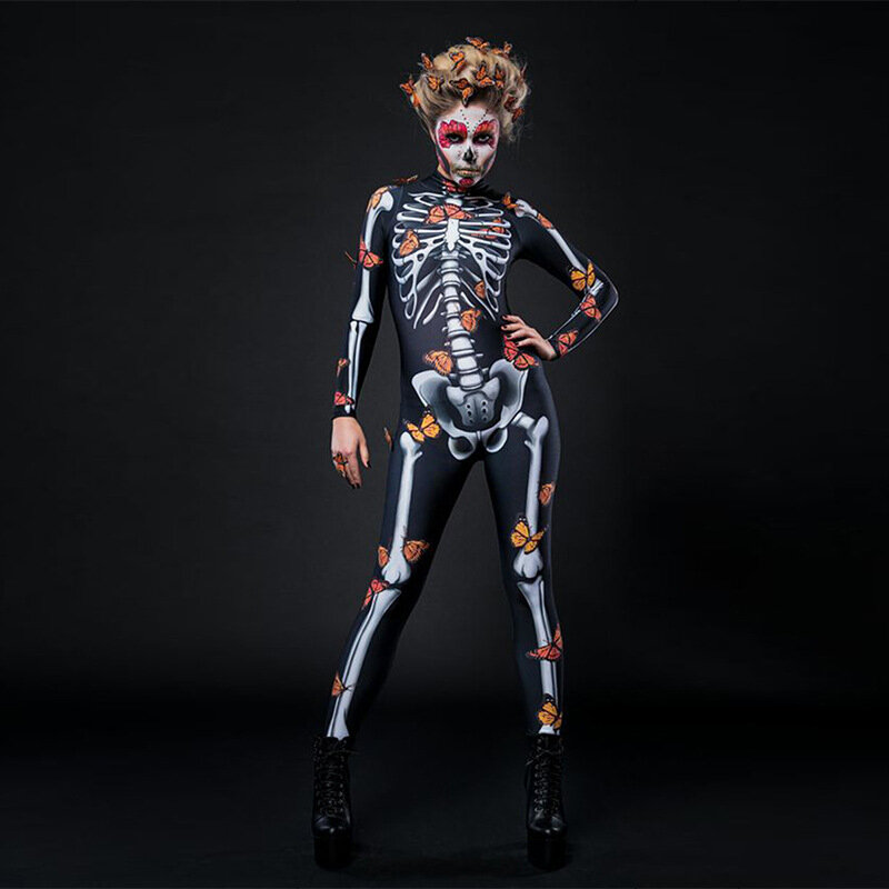 Women Halloween Skeleton Printed Bodysuit Cosplay Costumes Suit Women and Kids Jumpsuit Halloween Mujer Scary Costumes Carnival