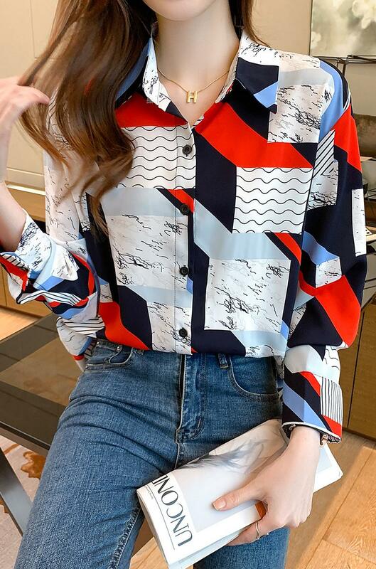 Chemise à motif géométrique pour femme, style Hong Kong rétro, manches longues, ample, printemps été 2022