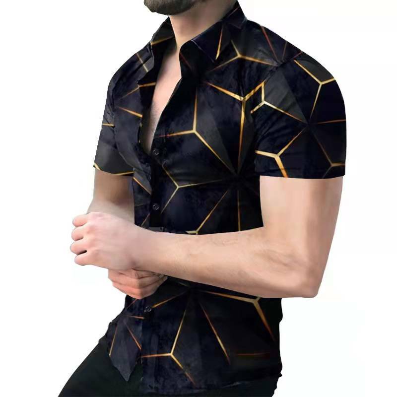 Camisas con estampado geométrico para hombre, camisa informal de manga corta con cuello vuelto y botones, primavera y verano, 2022