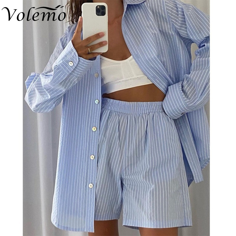 Damen bekleidung Streifen Langarm Shirt Tops und lose hoch taillierte Mini Shorts zweiteilige Set Pyjama