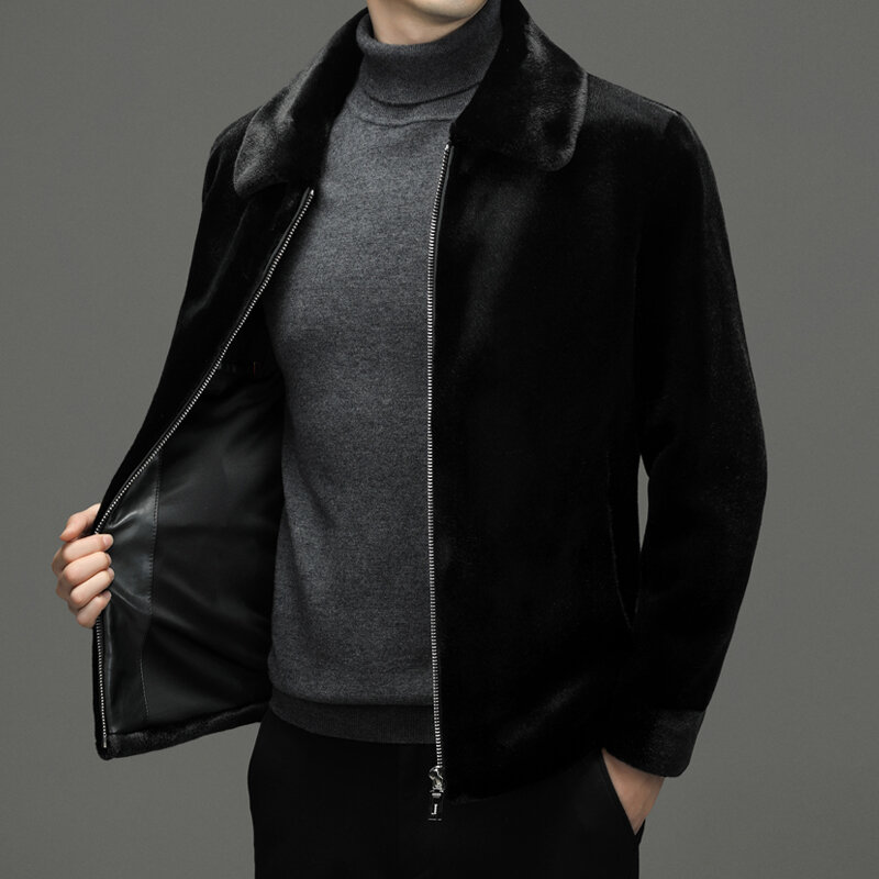 Abrigo grueso de imitación de visón para hombre, chaqueta de piel auténtica de gama alta, con solapa, informal, a la moda, para Otoño e Invierno