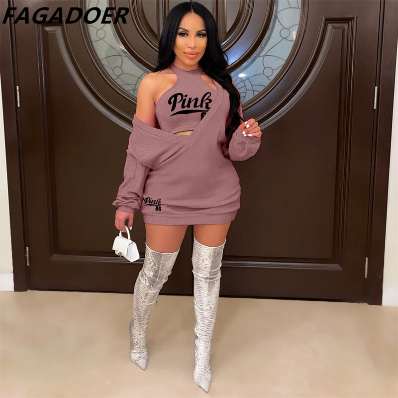 FAGADOER Fashion Street Clothes Women Crop Vest + Sexy scollo a V abito allentato due pezzi Casual PINK Letter Print Matching Outfits 2022