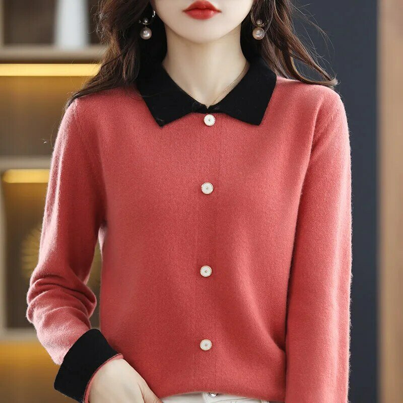 Suéter de manga larga para mujer, jersey con cuello tipo POLO, con bloqueo de Color, de lana pura, para primavera y otoño, 100%