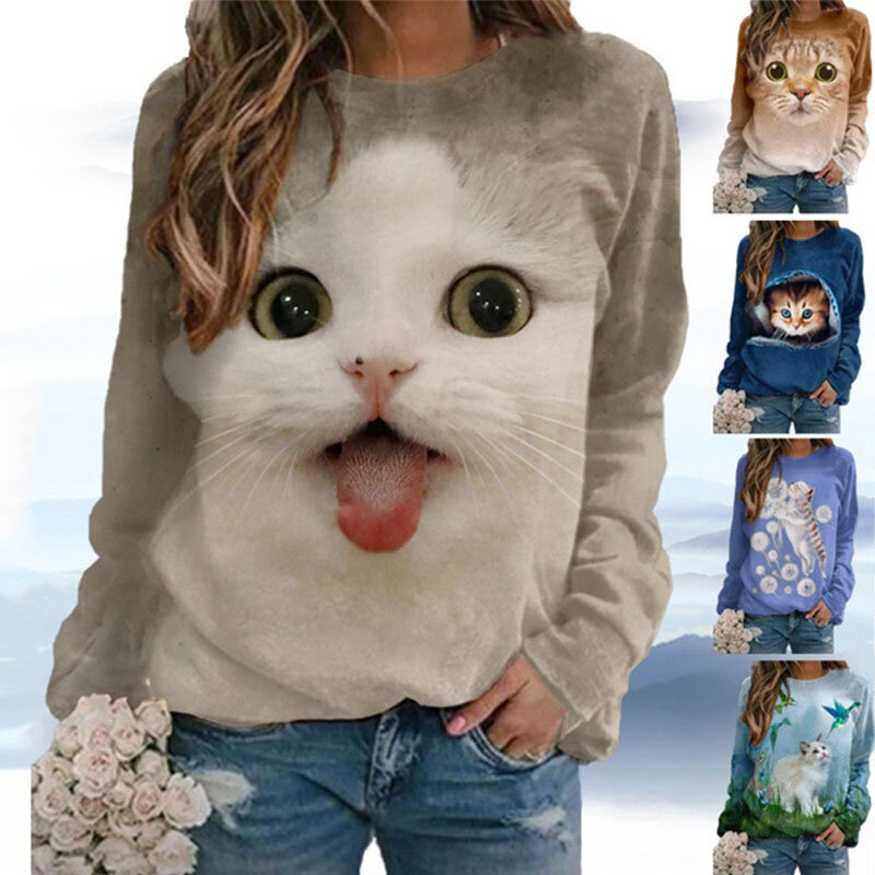 2022 novo gato 3d impressão camiseta moda feminina casual o-pescoço topos manga longa primavera verão vintage oversize pulôver t camisa