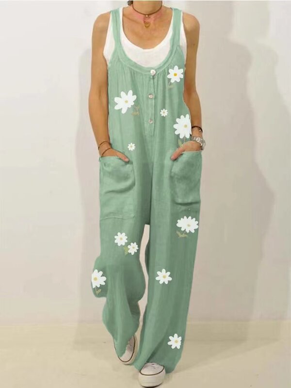 Woman Summer Jumpsuit Strap Pocket Floral Print Overalls Casual Pants Sleeveless Harajuku Loose Romper Retro Playsuit Oversize