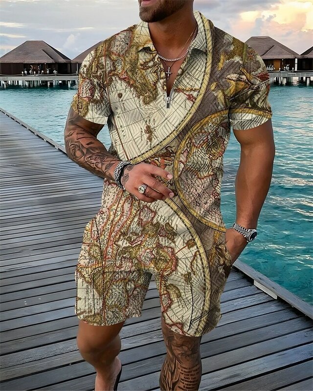 Verão masculino vintage activewear hawaiian resort estilo camisa polo conjunto lapela zip roupas 3d impresso casual streetwear masculino