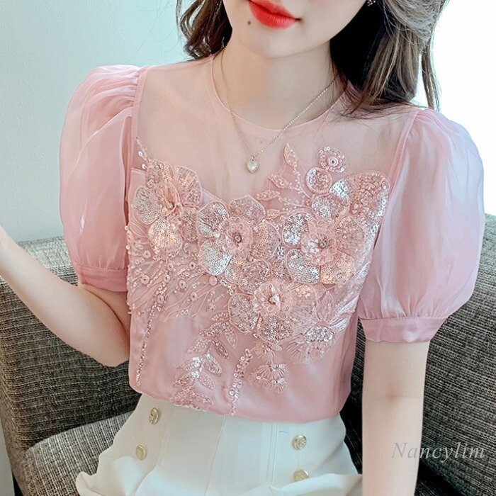 Lantejoulas de diamantes de mangas curtas topo femme 2022 verão estilo coreano laço solto bordado cor sólida chiffon blusas