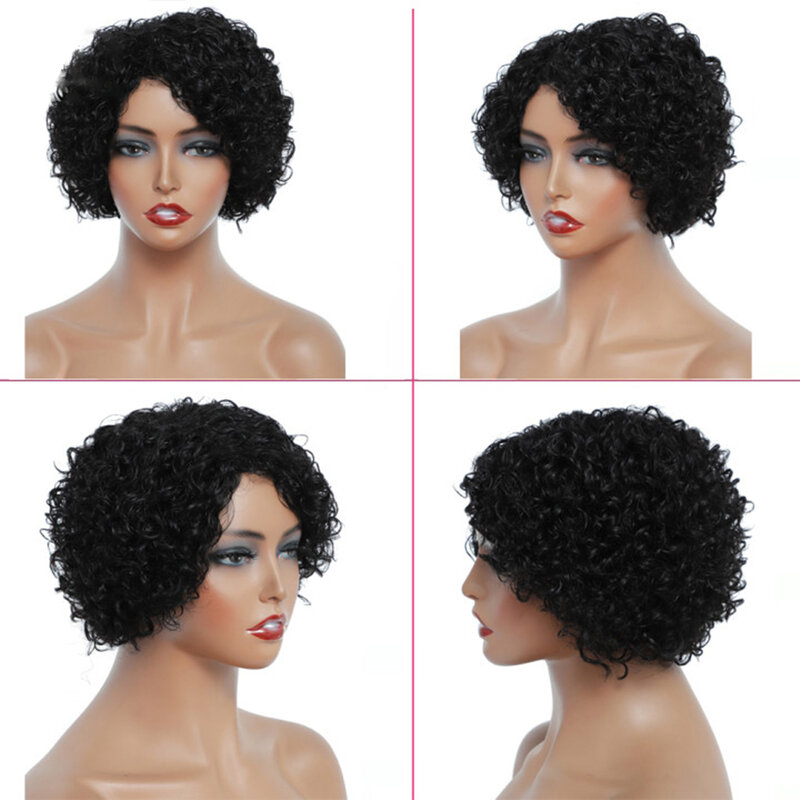 Peluca de cabello humano rizado para mujer, pelo corto Afro, corte Pixie, sin encaje frontal, brasileño Natural