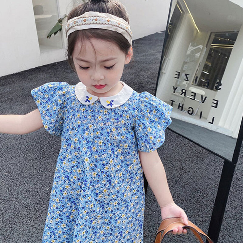 Gaun Baju Bayi Perempuan Motif Bunga Manis Baru Pakaian Butik Anak-anak Gaun Baju Bayi Rok Bordir Biru Vintage Anak-anak