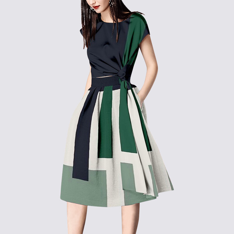Contrast color suit 2022 women's summer fashion light and familiar temperament celebrity top skirt two-piece skirt