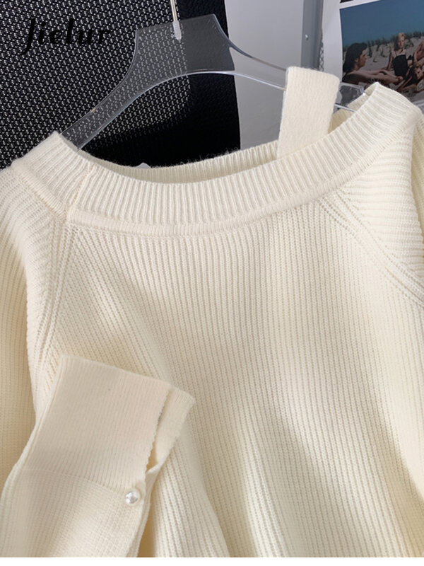 Jielur Simple Chic ผู้หญิงเสื้อกันหนาว Cashmere หลวมสีชมพูสีขาว Pullover ขี้เกียจสไตล์อ่อนโยนหวาน Off-The-Shoulder ฤดูใบไม้...