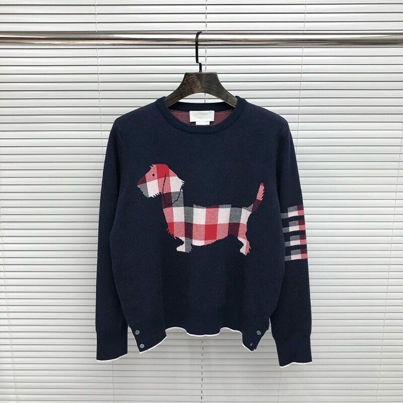 TB THOM Back Dog Printed Sweater Autumn Winter Fashion Brand Clothing Classic 4-Bar Striped  Pullover Coat High Quality Sweaters