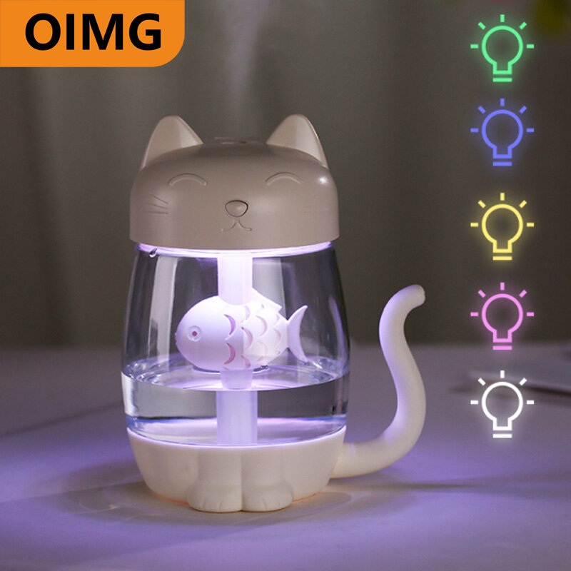 350ML kot nawilżacz powietrza z kolorowym światłem LED ultradźwiękowy 3 w 1 uroczy kociak jeść ryby Humidificador USB rozpylacz zapachów Fogger