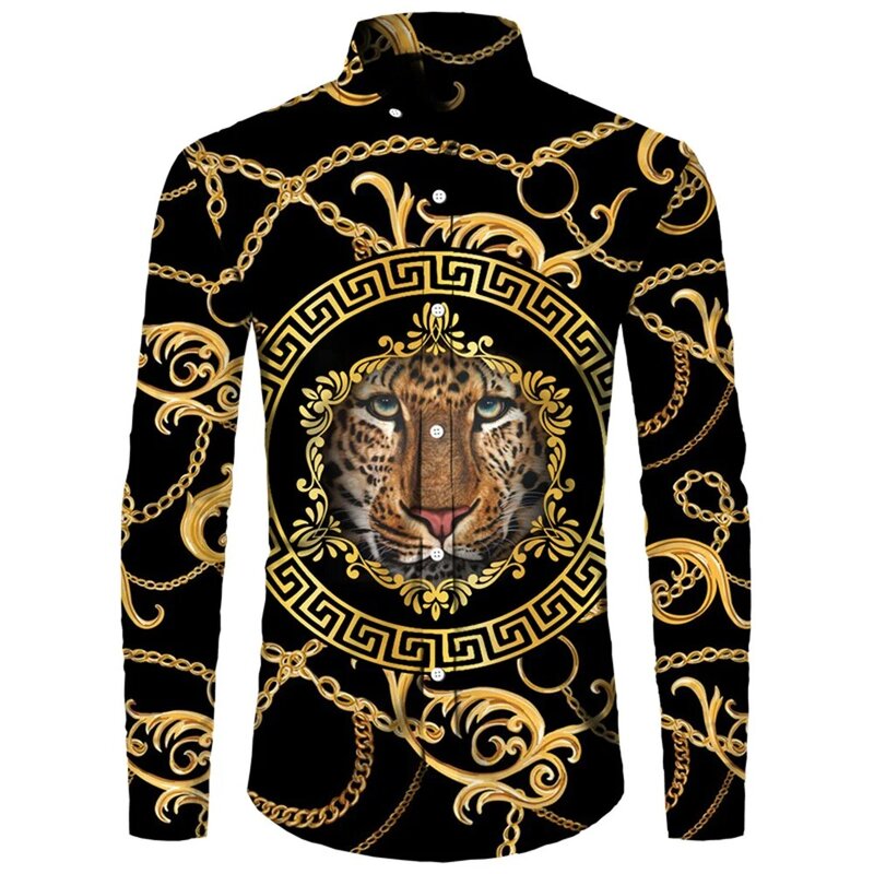 Golden Lion รูปแบบ3D พิมพ์ผู้ชายเสื้อเชิ้ตแขนยาวคอปกเสื้อปุ่มเสื้อแฟชั่นสไตล์บาร็อคชาย Streetwear เสื้อผ้า