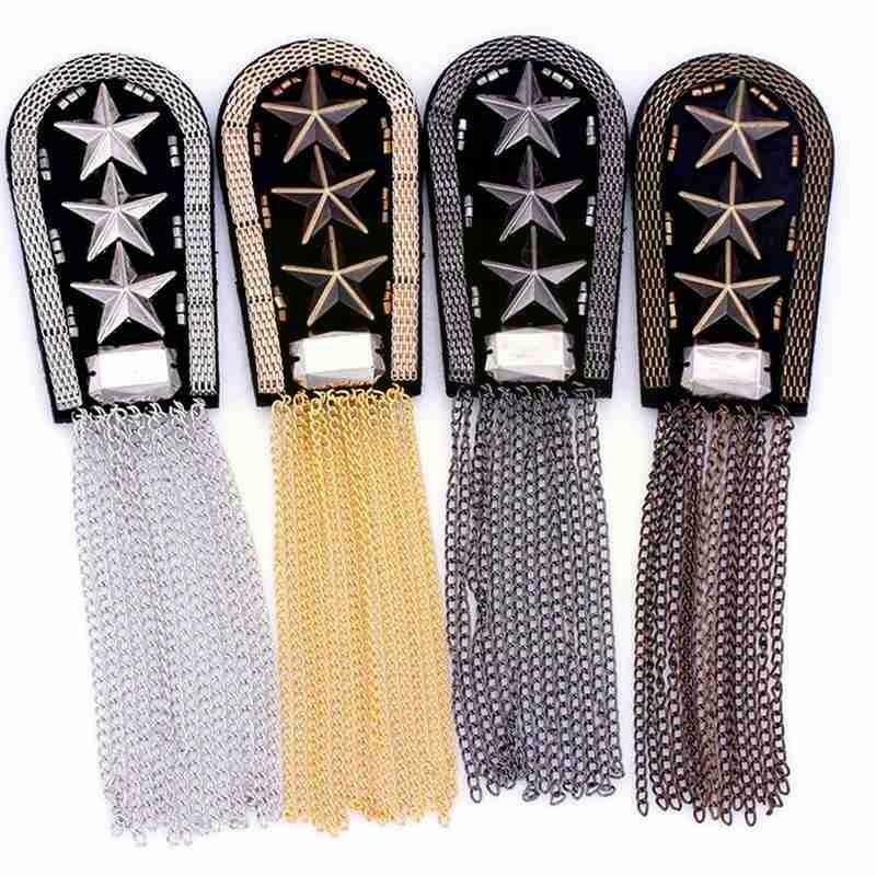 1pc Five Star Tassel Chain Link Badges Military Star Pin Medal Epaulette Fabric Metal Epaulet Brooch on Shoulder Badge Bead H2R5
