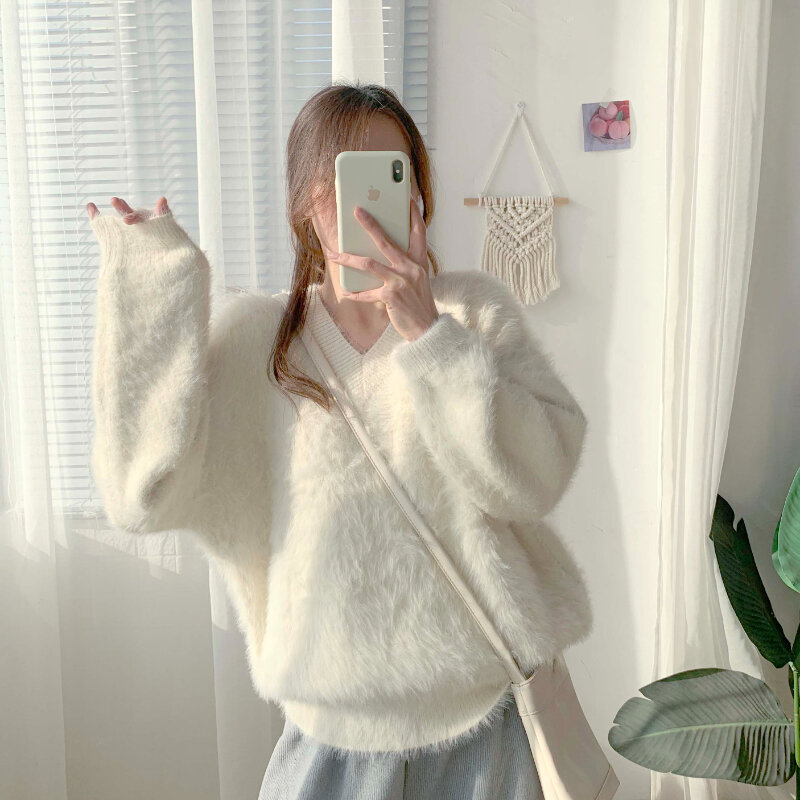 Solid Color Long Sleeve Sweaters  Jumper Loose Autumn Winter New Thickened V-neck Pullover Knitted Sweater Women Tops 513F
