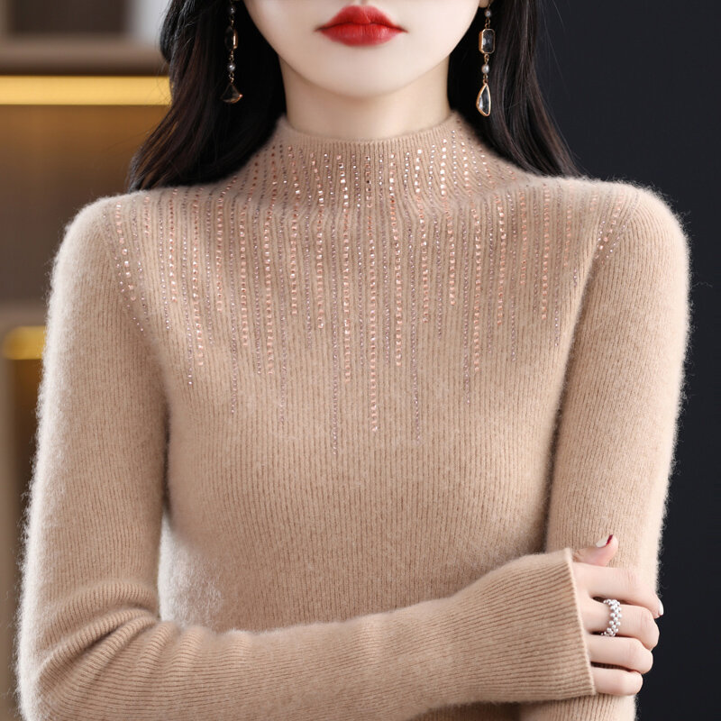 100% Pure Wool Knit Bottoming Shirt Hot Drilling Tassel Sweater Women's Autumn And Winter Half Turtleneck Slim Pullover Inside