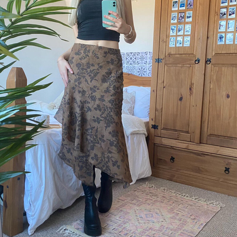 Hirigin 90s vintage cintura alta irregular hem midi saias y2k estética floral longo saias harajuku grunge retro feminino streetwear