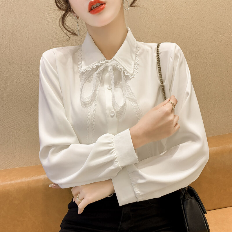 여성 블라우스, 2022 봄 신상품, 한국 버전, 패션 보우, 흰색 긴 소매, 여성 의류, 쉬폰 셔츠, 여성 상의, 627A
