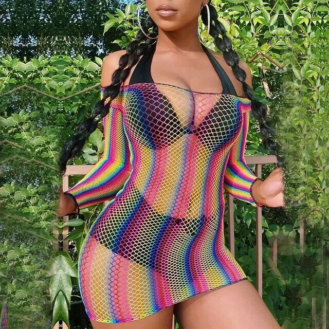 FUFUCAILLM Rainbow Striped Fishing Net Beach Cover-Ups Long Sleeve Sexy Women Summer Beach Dress Swimwears