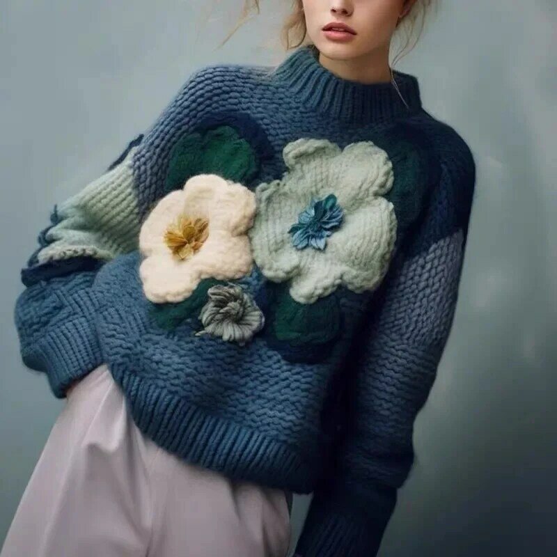 Sweater rajut Vintage Amerika 4xl, Sweater rajut ukuran besar, sweater desain bunga biru, sweater pullover musim dingin longgar untuk wanita
