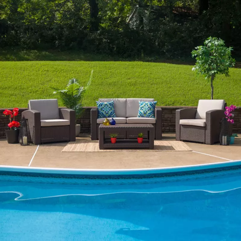 4 Piece Outdoor Faux Rattan Chair, Loveseat and Table Set