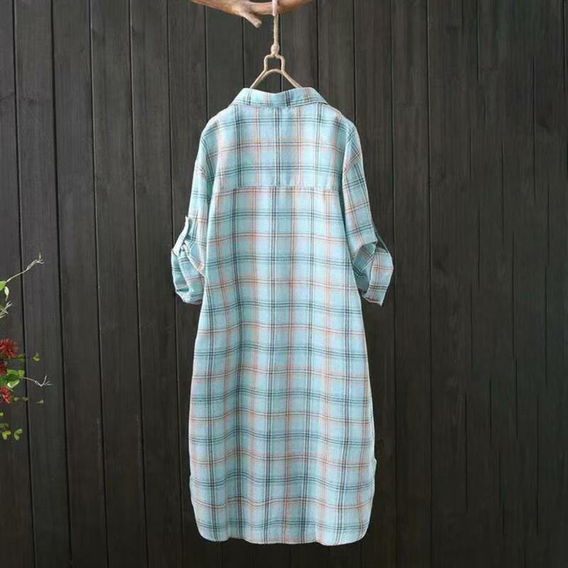 Camisa informal con dobladillo de arco para mujer, ropa de trabajo, tapeta con botones, estampado a cuadros clásico, abrigo, ropa de calle