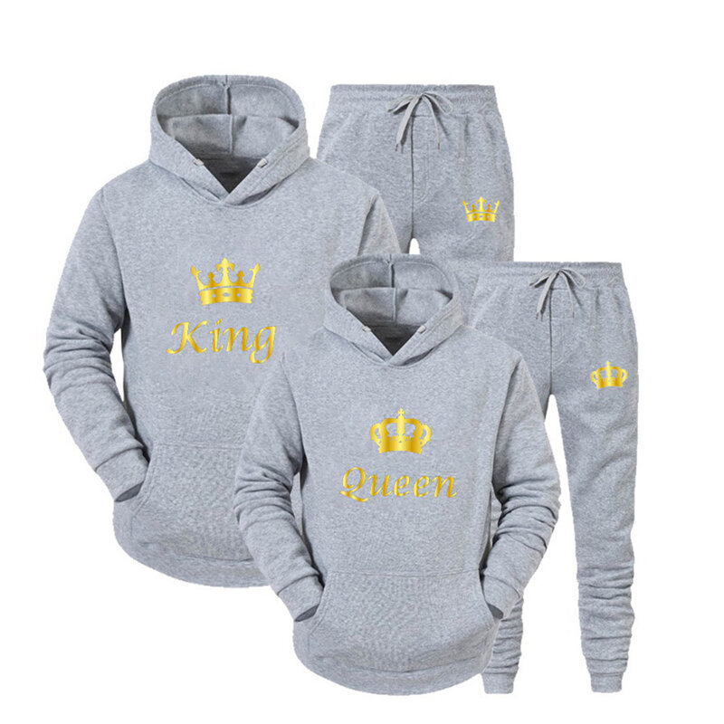 Nieuwe King Queen Print Casual Hoodies Set Sweatshirt Mode Stellen Hooded Trui Pakken Herfst En Winter Man Vrouwen Sportkleding