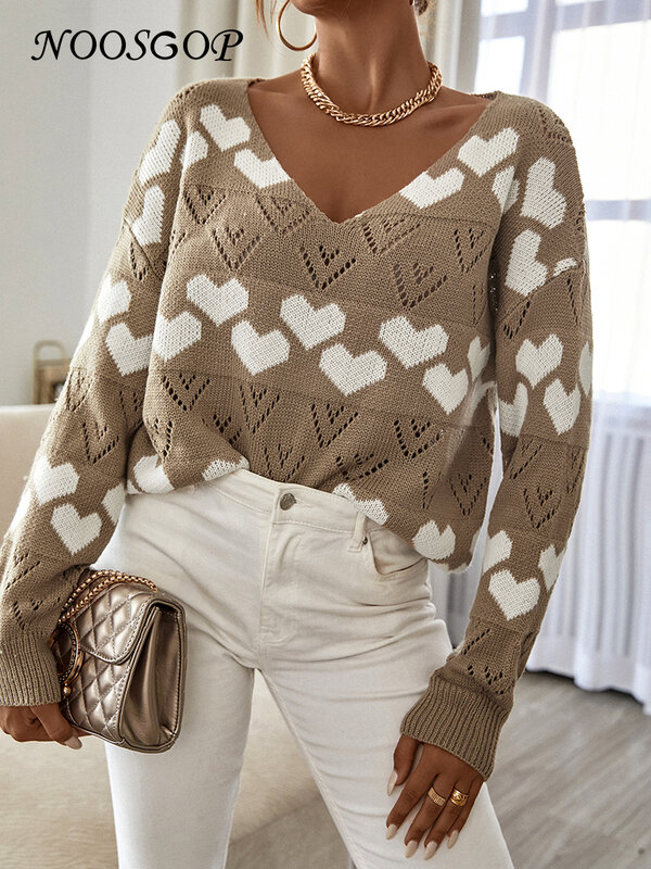 NOOSGOP Sweater Pullover Wanita Leher V Hijau Zaitun Rajutan Pola Hati Putih Chic 2022 Pakaian Sehari-hari Seri Musim Gugur Musim Dingin