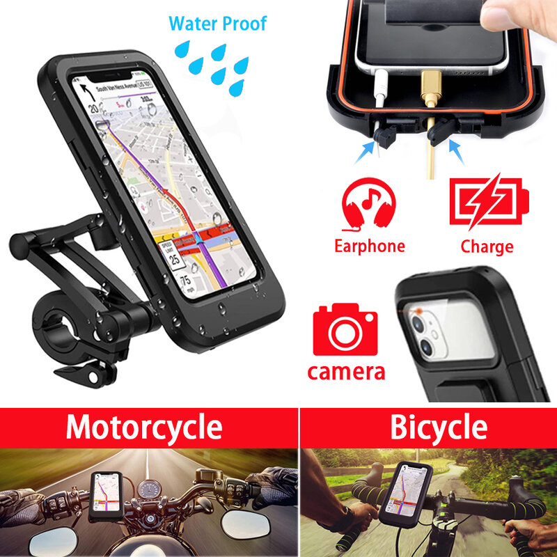 Motorcycle Bike Bicycle Cell Mobile Phone Case Holder Waterproof with Charger Mount Handlebar Rearview Mirror 4.5-6.7 Inches