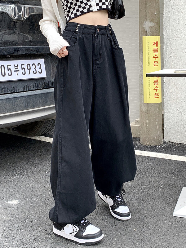 2022 jesień kobieta Vintage Solid Color wysokiej talii dżinsy z szeroką nogawką Streetwear regulowany pasek sznurkiem Vintage Denim spodnie