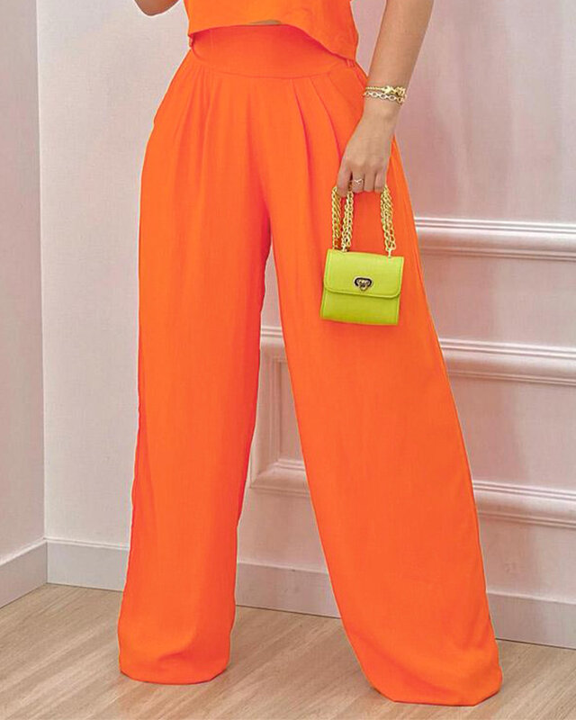 2023 primavera roupas femininas, calças casuais novas conjunto de 2 peças, laranja de manga curta modelos básicos conjunto de calças