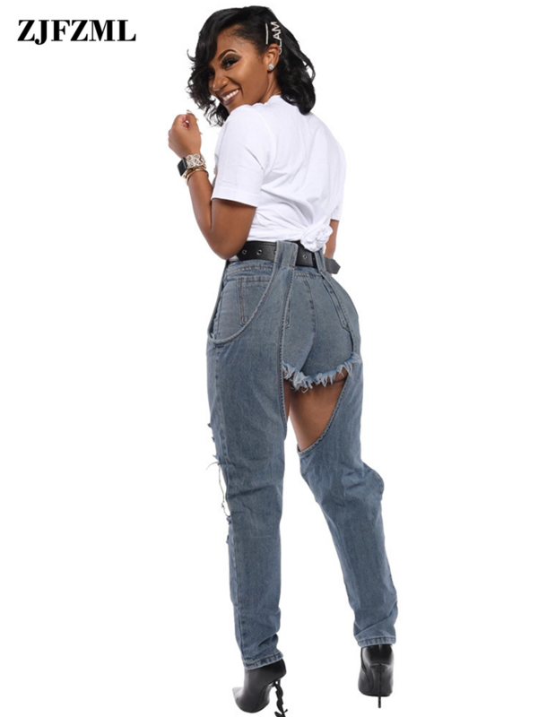 Sexy Vernietigd Gat Denim Jeans Voor Vrouwen Hoge Taille Spliced Ripped Jeans Hollow Out Streetwear Mujer Skinny Volledige Lengte Jeans
