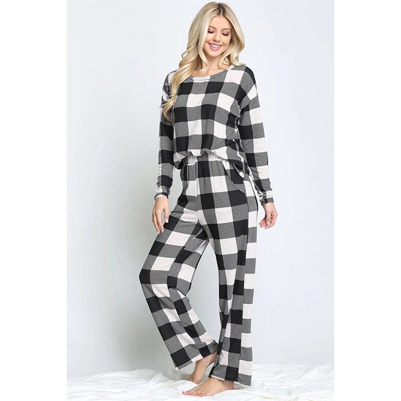 Pijama de 2 piezas para mujer, ropa de dormir con cuello redondo, de Color liso, para otoño