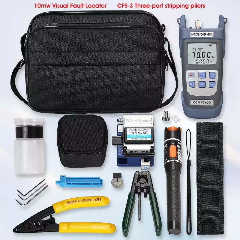 Kit de herramientas de fibra óptica FTTH con cuchilla de fibra, medidor de potencia óptica de 10mw, 19 unidades/Set