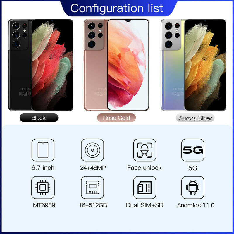 Global Version New S22 Ultra 5G Smart phone Android 6.7 Inch 6800mAh 16GB 512GB Cell Phone Network Unlocked Mobile Smart Phones