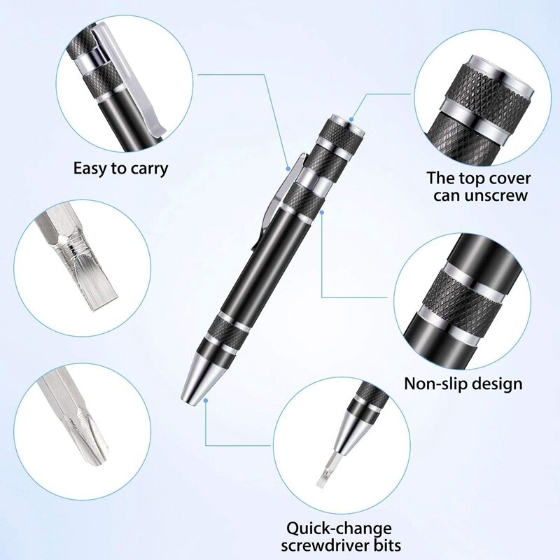 Promotie! 4 Stuks Pen Schroevendraaier Handige Tool 8 In 1 Magnetische Pocket Schroevendraaier Multifunctionele Mini Gadgets Reparatie Tools (zwart)