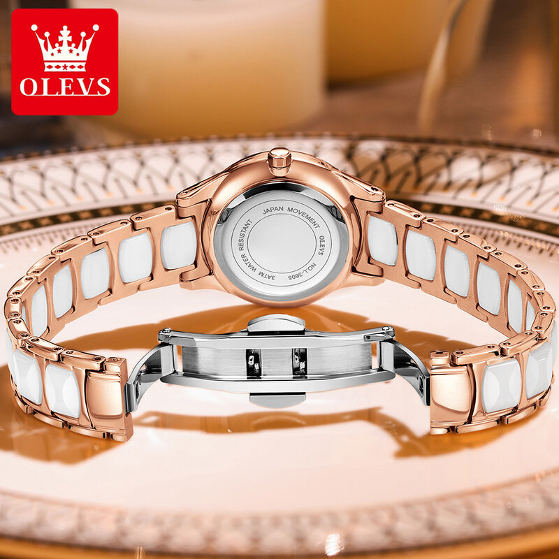 OLEVS 패션 도자기 로즈 골드 다이아몬드 박힌 여성 손목 시계 세라믹 스트랩 쿼츠 방수 시계 여성을위한 빛나는