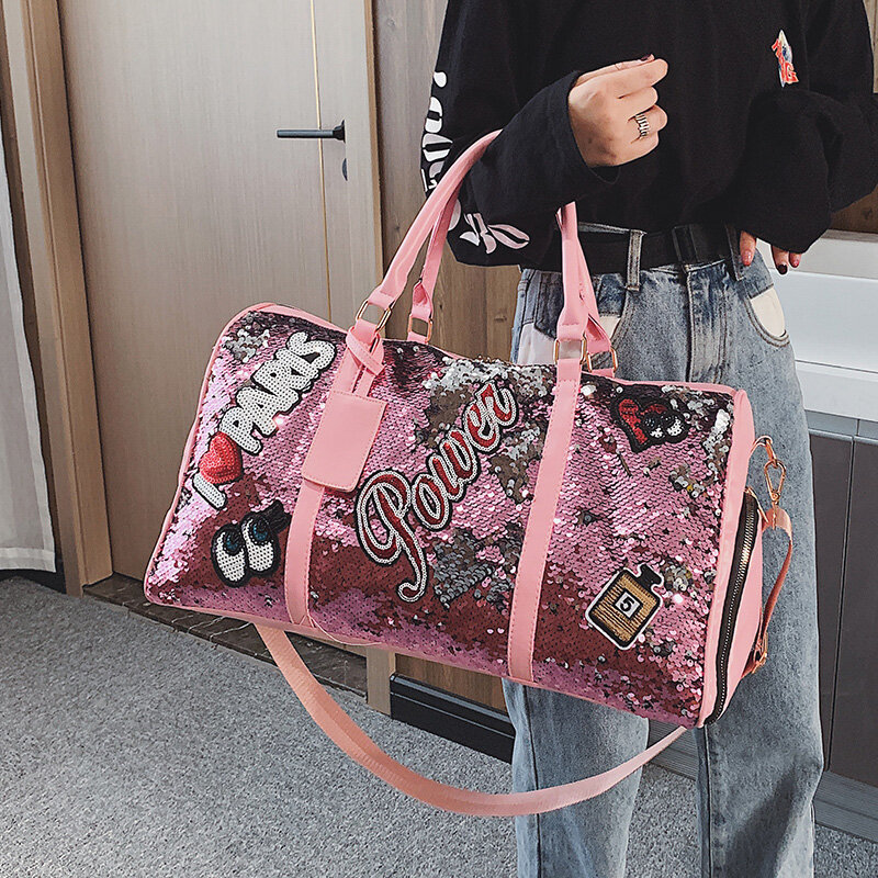Дорожная сумка YILIAN большой вместимости, блестящий чемодан на одно плечо для коротких поездок, Женская дорожная сумка для фитнеса