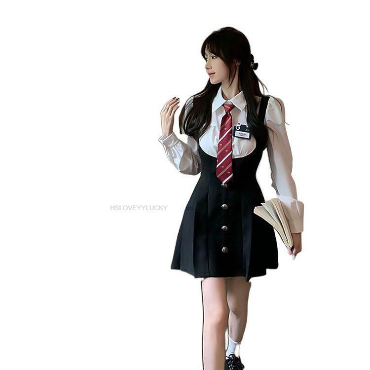 Uniforme scolaire de style japonais et coréen, mode améliorée, imbibée, faux deux pièces, style collège doux et chaud, chemise à manches longues pour fille, ensemble JK